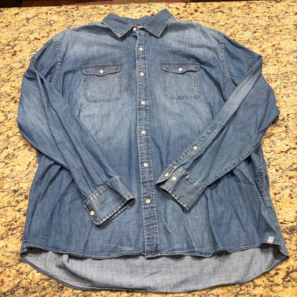 Peter Millar Mens XXL Blue Denim Button Down Shirt Long Sleeve Flap Pockets